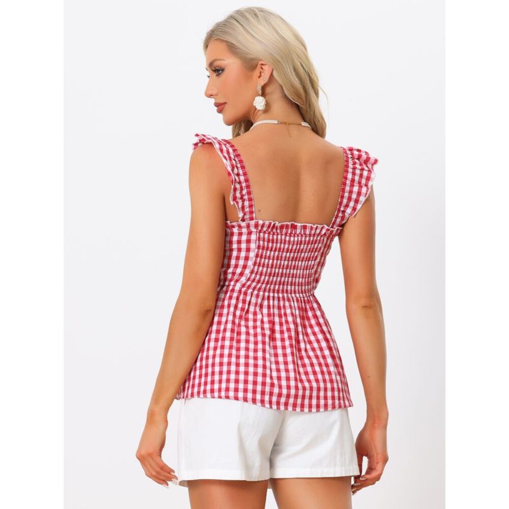 Gingham Peplum Top Summer Square Neck Plaid Blouse Red - Picture 3 of 6